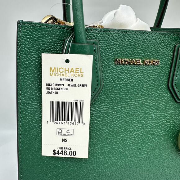 NWT Michael Kors Mercer Medium Pebbled Jewel Green Leather Crossbody Small Purse - Picture 14 of 14